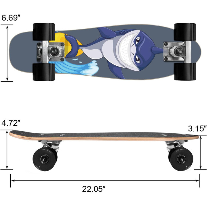 Скейтборд KO-ON 22 дюйми Mini Cruiser для початківців, підлітків, хлопчиків та дівчаток (Surf Shark)