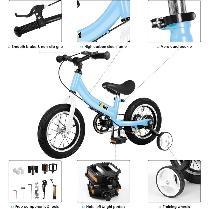 Дитячий велосипед YBIKE 2-в-1: біговел та велосипед, 12/14/16 дюймів, з гальмами та педалями, для дітей 1-7 років, блакитний