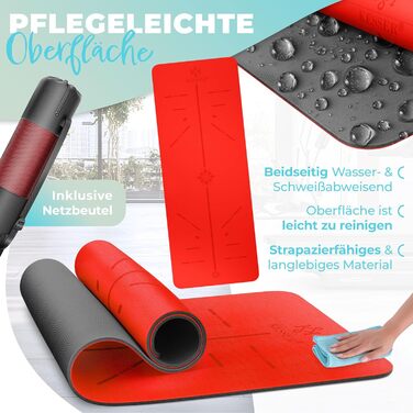 Килимок для гімнастики KESSER® з ручкою для перенесення, антиковзкий TPE, фітнес-килимок для йоги, фітнесу, пілатесу, 183 x 61 см, червоний/чорний