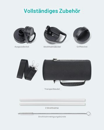 Термос-пляшка Buzio з нержавіючої сталі 1180 мл з трубочкою, ізольована, для спорту, витік захищений, Indigo Black