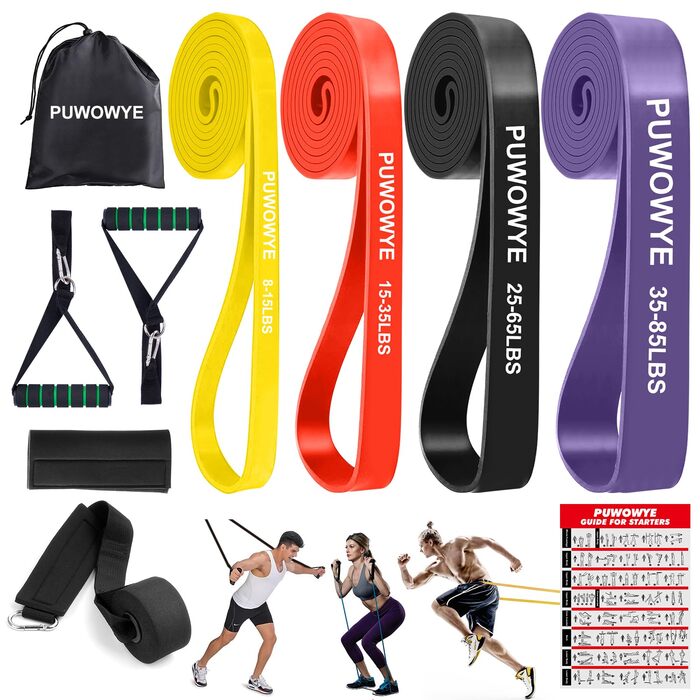 Набір еластичних стрічок для фітнесу з різними рівнями опору, з дверними фіксаторами, ручками, чохлом, сумкою та інструкцією. Стрічки для фітнесу/йоги/силових тренувань для чоловіків та жінок (фіолетовий, чорний, червоний, жовтий)
