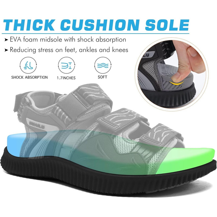 Чоловічі трекінгові сандалі KuaiLu: зручні, ортопедичні, для підтримки стопи при фасціїтісу, літні, легкі, відкриті, з регулюванням на липучці (44 EU, чорно-сірий)
