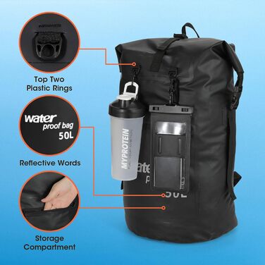 Водонепроникний рюкзак WELDUN 50L з IPX8 чохлом для телефону, Rolltop, для каякінгу, кемпінгу, трекінгу та водних видів спорту (Чорний)