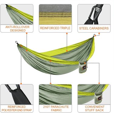 Гамак Anortrek Outdoor для відпочинку на природі, 280x140 см, місткість до 249 кг, ультралегкий, з ременями для дерев, дихаючий нейлон, для кемпінгу, подорожей, туризму, саду, армійний зелений/жовтий