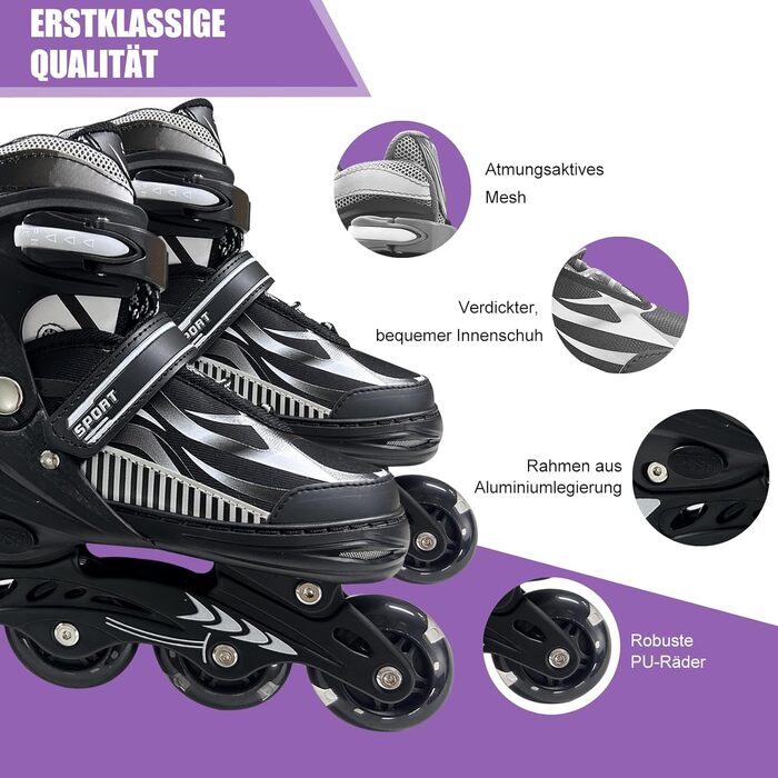 Роликові ковзани для дітей, чорні, регульовані, 36-39 EU (240-270 мм), для початківців, indoor/outdoor