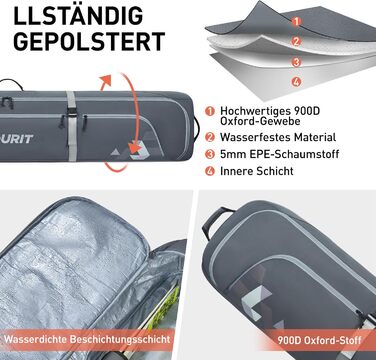 TOURIT Набір для перевезення лиж та черевиків: валіза для лиж на 2 пари (195 см), водонепроникний матеріал 900D Oxford, з колесами, сірий