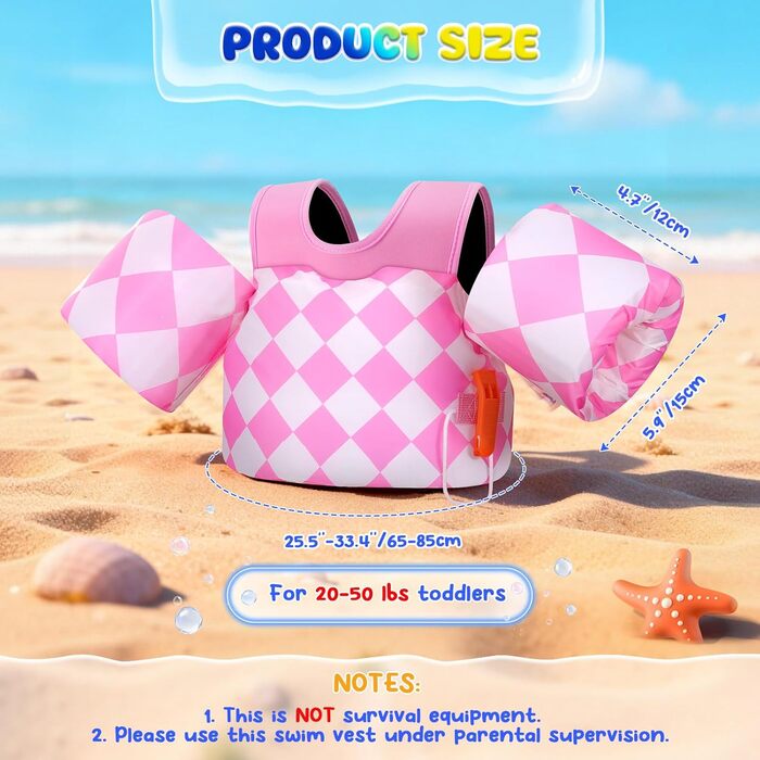 Моко (MoKo) рукавики для плавання для дітей, рукавики для хлопчиків та дівчаток, навчальна жилетка з фіксатором, плавальна куртка, плечові ремінці, рукавики для плавання (рожевий ромб, для ваги 9-23 кг)