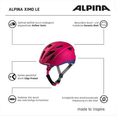 Дитячий велосипедний шолом ALPINA XIMO L.E., легкий, ударостійкий, з LED-підсвіткою, deeprose-violet матовий, 49-54 см