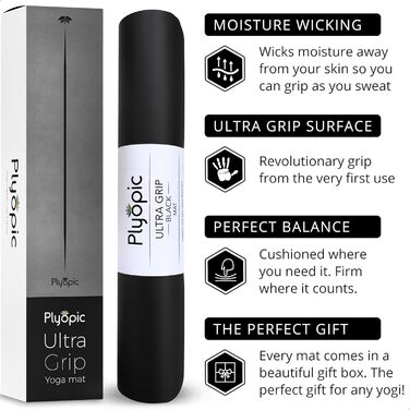 Килимок для йоги Plyopic Ultra-Grip Pro – нековзке покриття, комфорт та вологостійкість. Лінія вирівнювання для йоги, джоги, пілатесу, бікраму та гарячої йоги (Ultra Black (Minimalist))