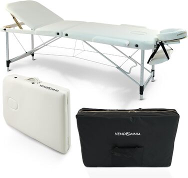 Масажний стіл VENDOMNIA з алюмінієвим каркасом, 3 зони, регулювання висоти, з високоякісною підголівником, сумкою, підлокітниками, білий, складний