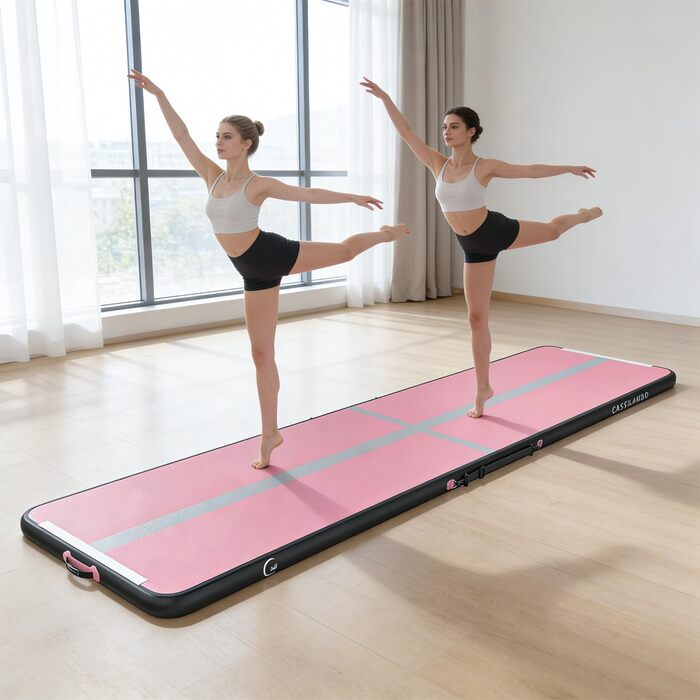 Гимнастичний надувний мат Airtrack CASSILANDO для тамблінгу та йоги, матовий, 400 x 100 x 10 см (Рожевий/Чорний) з насосом