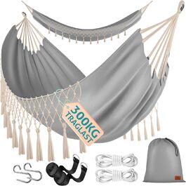 Гамак KESSER® 320x150 см, до 300 кг, сірий – для кемпінгу, саду та відпочинку на природі (з мішком, мотузками та ременями)