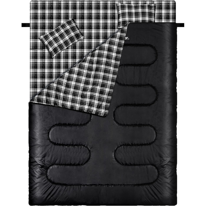 Сплячий мішок Outdoor Sportneer для 2 осіб: двомісний спальний мішок для кемпінгу, 3 сезони, 220x150 см, 2.75 кг, з 2 подушками, для дорослих, чорний (без фланелевої підкладки)