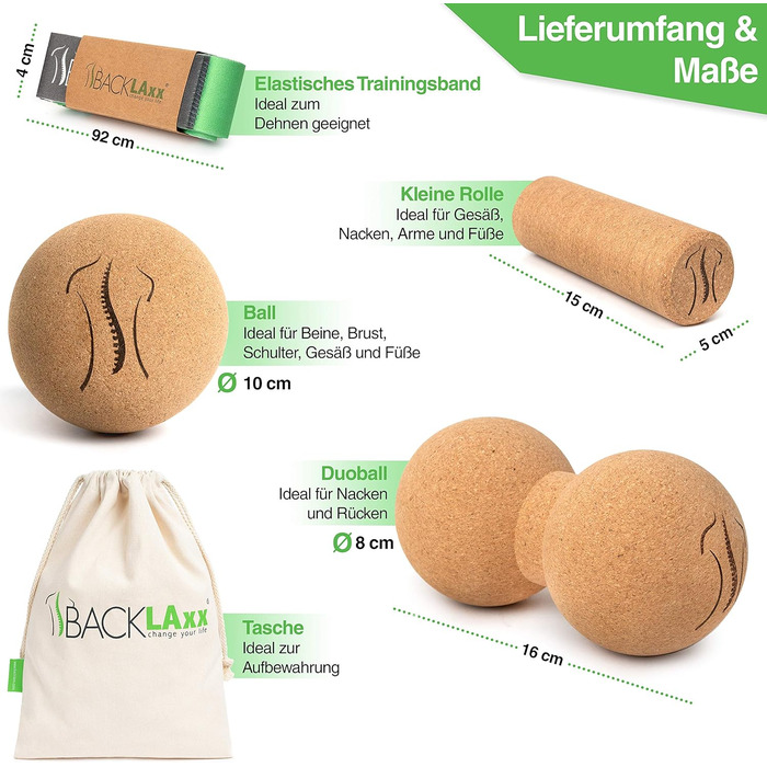 BACKLAXX® Набір фасційні роли та м'ячі: ролер з корку, м'яч для фасції, ролер для стопи, дуобілл – без шкідливих речовин, антибактеріальний, з відеоінструкцією. Набір для фасції та масажу