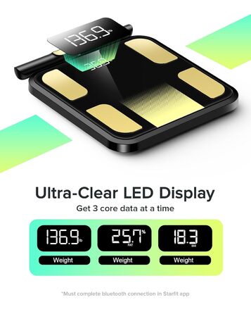 Вага RunSTAR для вимірювання жиру в тілі, персональна вага з 8 електродами, вимірювання ваги, жиру, BMI, м'язової маси та 28 параметрів тіла, додаток, 3 показники, 180 кг, чорний колір