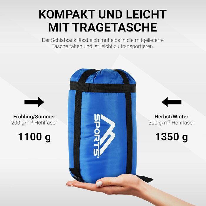 Сплячий мішок MSPORTS Premium Outdoor з ременем для перенесення. Вибір: весна/літо (200GSM) або осінь/зима (300GSM). Ідеально для кемпінгу, подорожей, фестивалів. Теплий спальний мішок-кокон кольору оливковий (королівський синій).