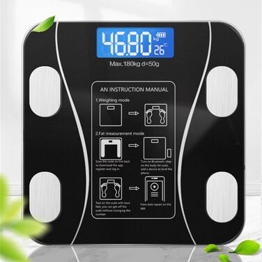 Цифрова вага для тіла з Wi-Fi та Bluetooth, вимірювання жиру, USB-зарядка, чорний колір
