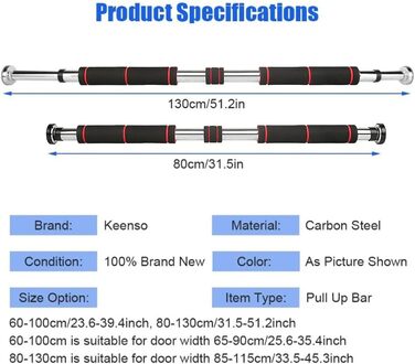 Турнік для дверей Klimmzugstange | Регульована висота 80-130 см | Макс. вантажопідйомність 150 кг | Чорний та червоний | Для силових тренувань