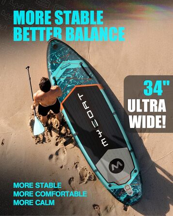 Надувне SUP-борд MYBOAT 30,5 x 86,4 x 15,2 см для риболовлі та відпочинку, з аксесуарами: 3 фінки, двосторонні еластичні шнури, кріплення для камери, ручна помпа, весло, водонепроникний мішок 5 л, мотузка