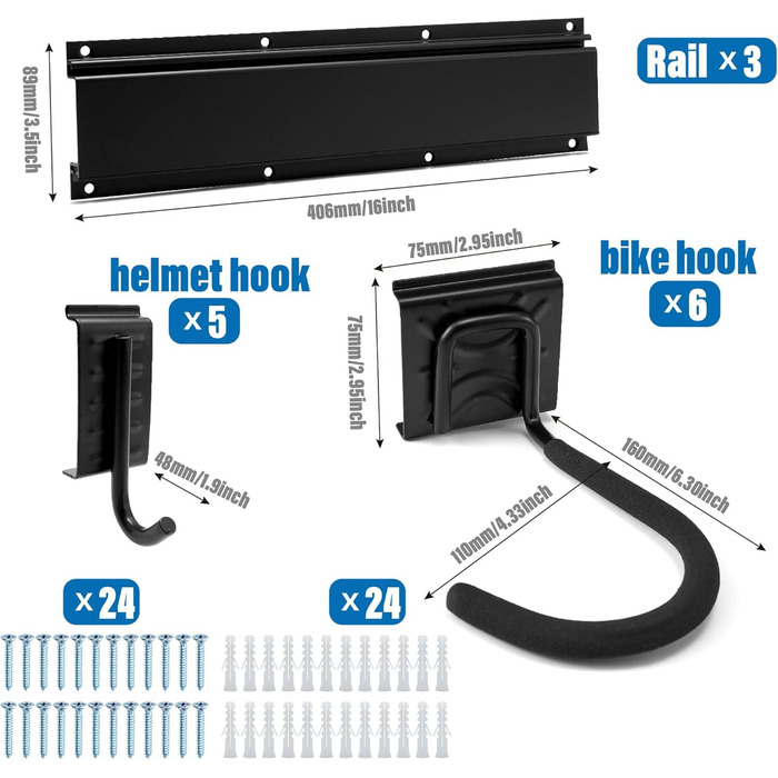 Стійка для зберігання велосипедів на стіну Sinoer на 6 велосипедів та 5 шлемів, з гачками для інструментів, для гаража або дому, вертикальна, внутрішня ширина 90 мм, 3 рейки, 16 дюймів