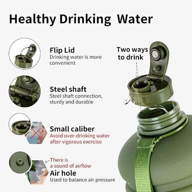 Фляга TOOFEEL 2л BPA Free, велика спортивна фляга для води, з позначеними мітками об'єму (Матова оливкова, 2200 мл)