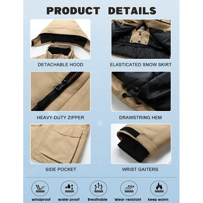 Костюм для сноуборду та лижного спорту HOUZONIY чоловічий, вітронепроникний, з капюшоном, XL, хакі+чорний