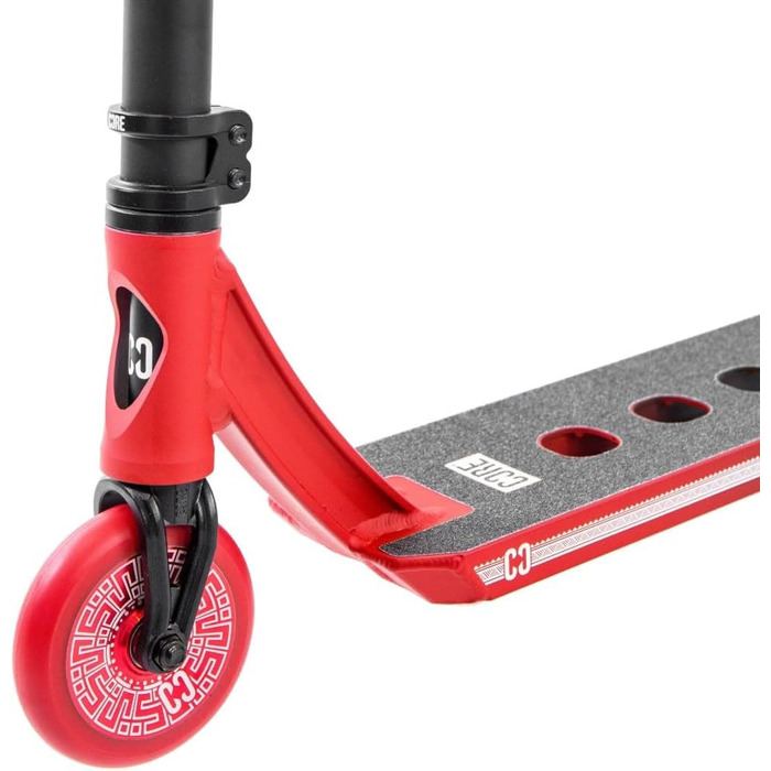 Трюковий самокат CORE Stunt Scooter Trick 110mm, ABEC 9, для дітей та дорослих (від 5 років), регульована висота 78-96 см + наклейка Fantic26 (Чорний/Червоний)