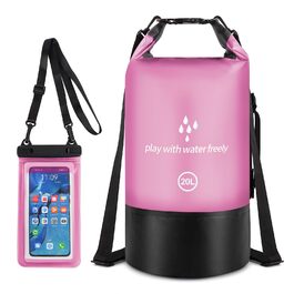 Водонепроникний сухий мішок GES 20 л Roll-Top з кишенею для телефону - для каякінгу, човнів, походів, рафтингу, плавання, кемпінгу та риболовлі (Рожевий)