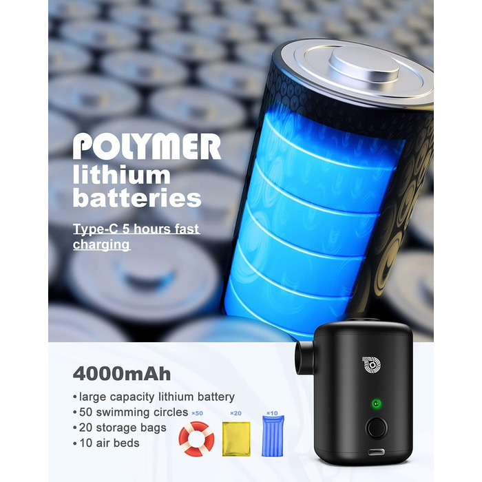 Електрична повітряна помпа 5200mAh з акумулятором для басейну, дитячого басейну, надувних іграшок, матраців та човнів (сіра)