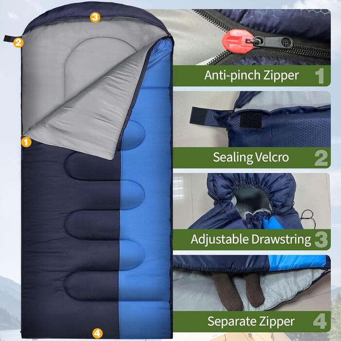 Спальний мішок Outdoor для дорослих, машинного прання, зимовий, водонепроникний, 3-4 сезони, з компресійним мішком. Температура комфорту: 0°C, 5°C. Розмір: 220x85 см. Чорний/Синій.
