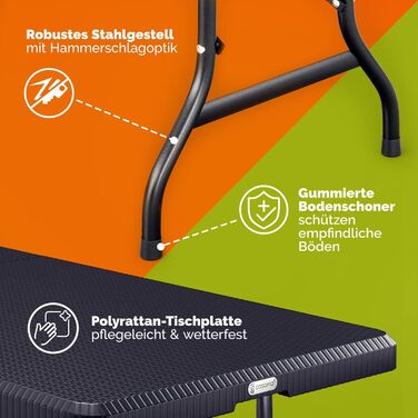Розкладний садовий стіл Casaria® 183x76 см, чорний, з ротангу, для 8 осіб, тераса, балкон, кемпінг