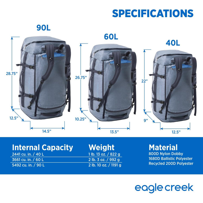 Сумка-баул Eagle Creek Cargo Hauler 90L Glacier Blue з переробленого поліестеру, водо- та зносостійка, 90 літрів