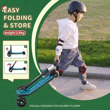 Дитячий трюковий самокат Besrey з великими колесами, світлодіодними ліхтарями та регульованою висотою для дітей 3-8 років, темно-зелений