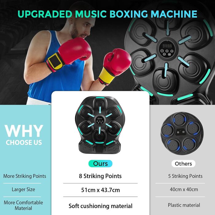 Музичний бокс-машина для фітнесу: 9 режимів, 8 м'яких точок удару, з рукавичками, для дітей та дорослих, монтаж без свердління