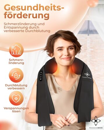 Масажер MASSAGEWERK Shiatsu для шиї та спини, електричний з функцією підігріву, чорний, для зняття м'язових болів та напруги, ергономічний