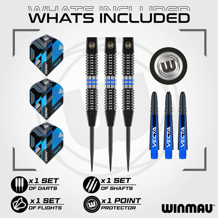 Дартс набір WINMAU Galactics 90% вольфрам, професійний, з наконечниками 18г (м'які), 24г, 26г (сталь), з оперенням та стрижнями
