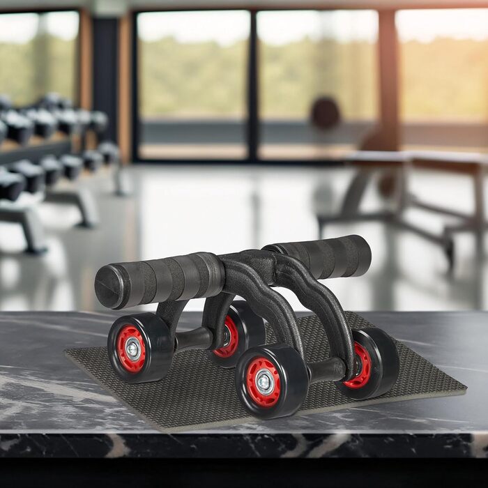 Ролер для пресу Relaxdays з 4 колесами, тренажер для дому, для жінок та чоловіків, чорний/червоний