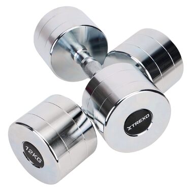 Набір гантелей XTREXO Verte Kurz – 2 шт. (2.5–12 кг) – сталеві гантелі з неслизьким грифом, міцна поверхня, довговічні – ідеальні для силових тренувань вдома та в спортзалі (хром, 2 x 12 кг)