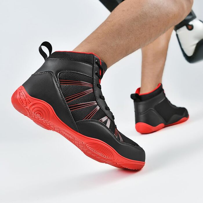 Чоловічі боксерські та борцівські кросівки DimaiGlobal. Кросівки для єдиноборств, фітнесу, кікбоксингу, карате, тхеквондо, важкої атлетики. Розмір 45 EU, чорно-червоні.