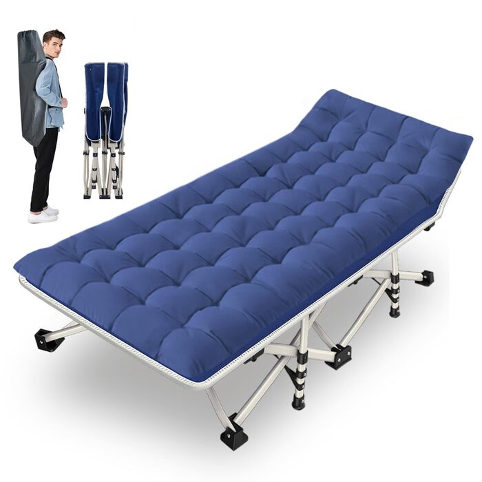 Кемпінгове ліжко з матрацом, розкладне, для відпочинку на природі та вдома, 200 кг, блакитне