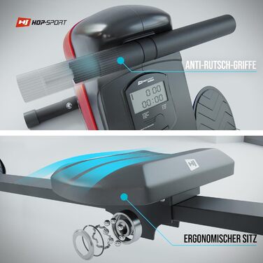 Гребний тренажер Hop-Sport Boost для дому, складаний, магнітний, з комп'ютером, підшипниковим сидінням, 10 рівнів навантаження, пульсознімний ремінь, до 120 кг, червоний