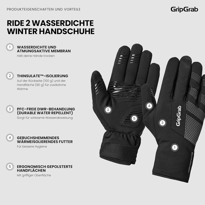 Фahrradhandschuhe GripGrab: Водонепроникні зимові велосипедні рукавички, тепла та вітронепроникна термопара, чорний (XS)