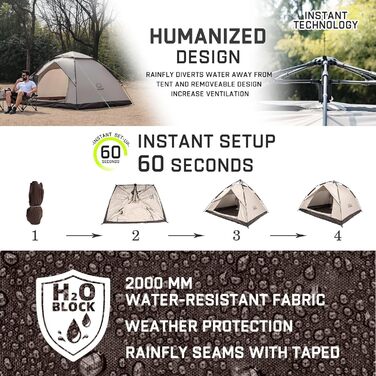 Намет для кемпінгу на 2 особи, водонепроникний, Pop Up, 230x170x135cm | Ідеально для трекінгу, фестивалів, пляжу та захисту від вітру та сонця | Khaki