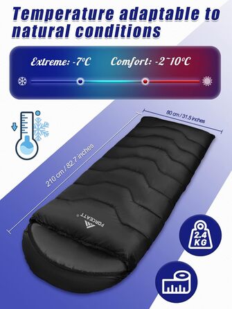 Спальний мішок Forceatt зимовий 4 сезони -7~20°C для дорослих (210x80 см), водовідштовхуючий, компактний, для кемпінгу, трекінгу та подорожей. Чорний - 2.4 кг