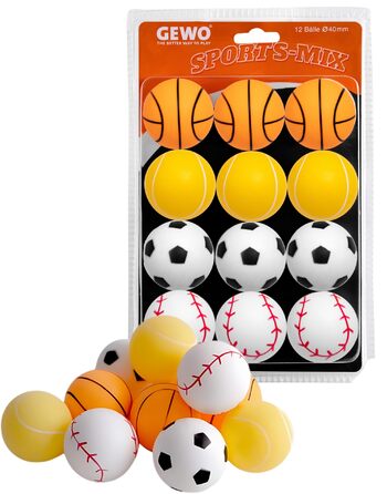Набір тенісних м'ячів GEWO Sports-Mix для настільного тенісу - 12 кольорових м'ячів з пластику, діаметр 40+ мм, різні дизайни