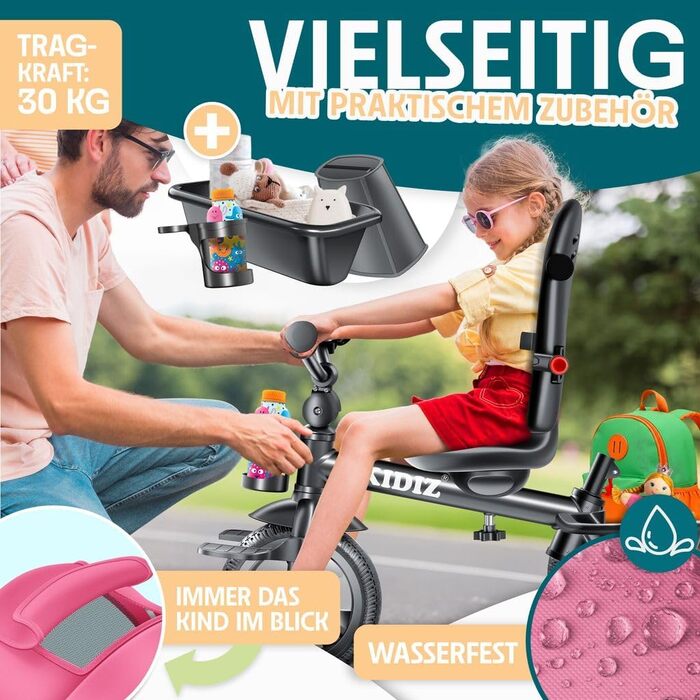 Дитяче триколісне велосипед KIDIZ 6в1 з батьківською ручкою, кошиком, дахом та гальмами. Підходить для дітей від 9 місяців до 25 кг. Рожевий.