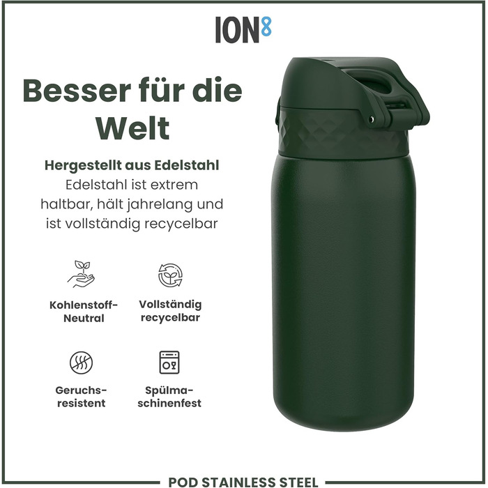 Дитяча пляшка для пиття Ion8 Evo, нержавіюча сталь, 400 мл, без ізоляції, не протікає, відкривається однією рукою, безпечне закриття, можна мити в посудомийній машині, з клапаном, з ручкою, легка у догляді, темно-зелена