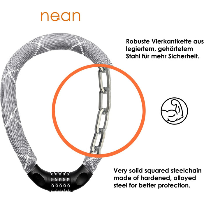 Надійне велозамок Nean з кодом, 6x6x900 мм, сталевий ланцюг, тканинне покриття, висока безпека
