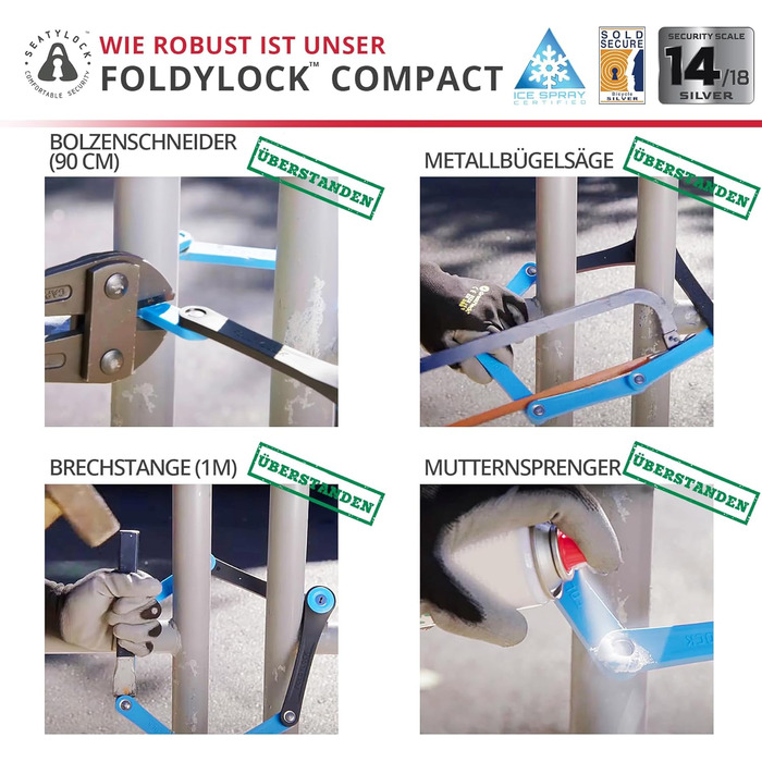 FoldyLock Compact: Патентний захист, надійний замок для велосипеда з ключем та кріпленням. 85 см, Coal. Захист для електровелосипеда, скутера та ролера