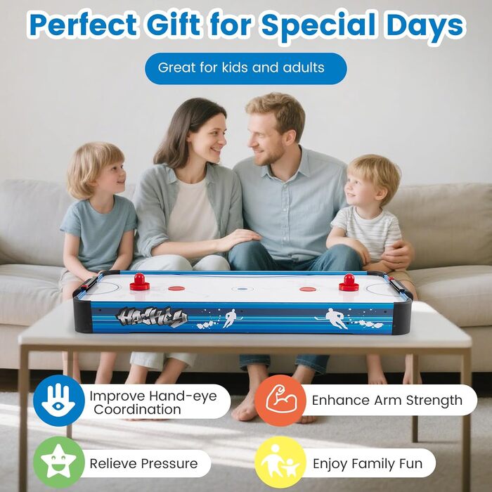 Тік-хокей HOMASIS: електричний стіл для гри з 2 шайбами та 2 шайбельними ключками. Підходить для дітей та дорослих. Кольори: синій та білий
